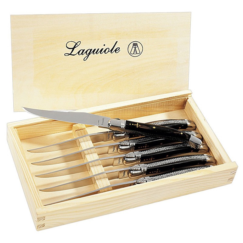 Coffret de 6 couteaux de table Laguiole, abeille forgée, Laguiole village