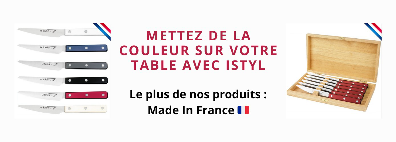 Beaux couteaux de qualité et made in France avec des manches de différentes couleurs pour égayer votre table lors des repas. Coffret couteaux 6 steaks Scalène Rubis et autres couleurs 